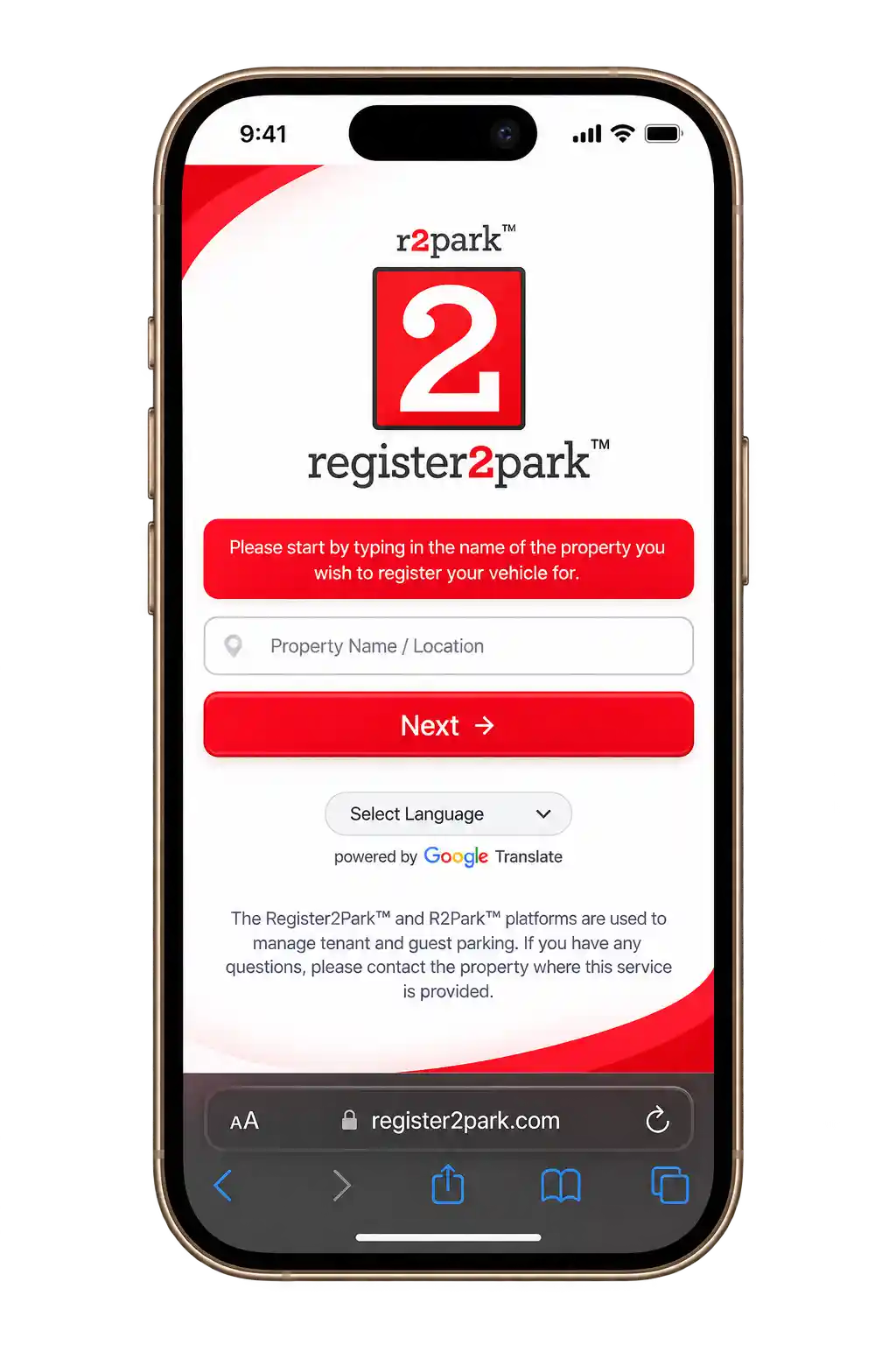 R2Park registration form showing property name and address search