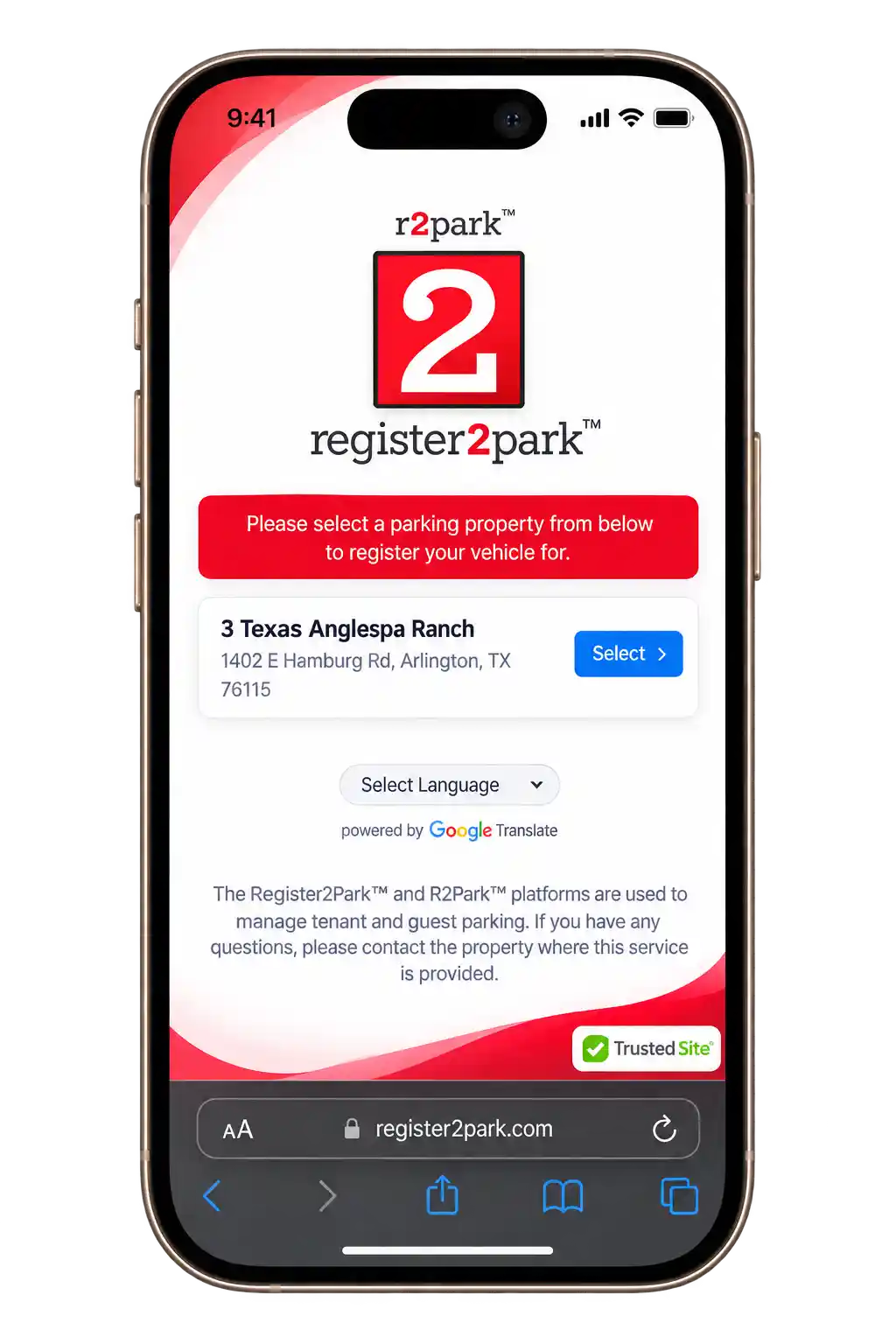 R2Park property confirmation screen with matching address selected