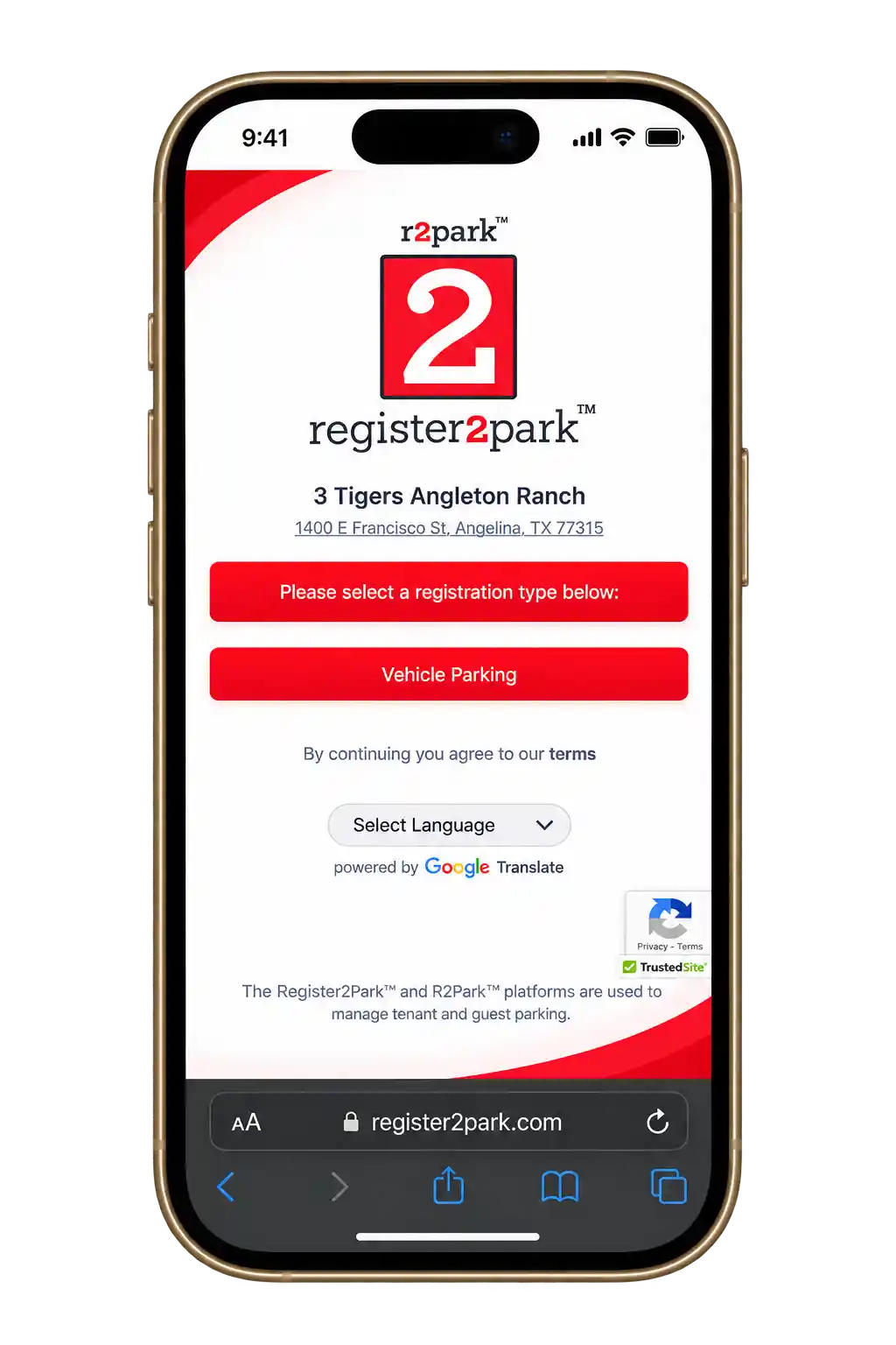 R2Park registration screen showing resident or guest parking selection