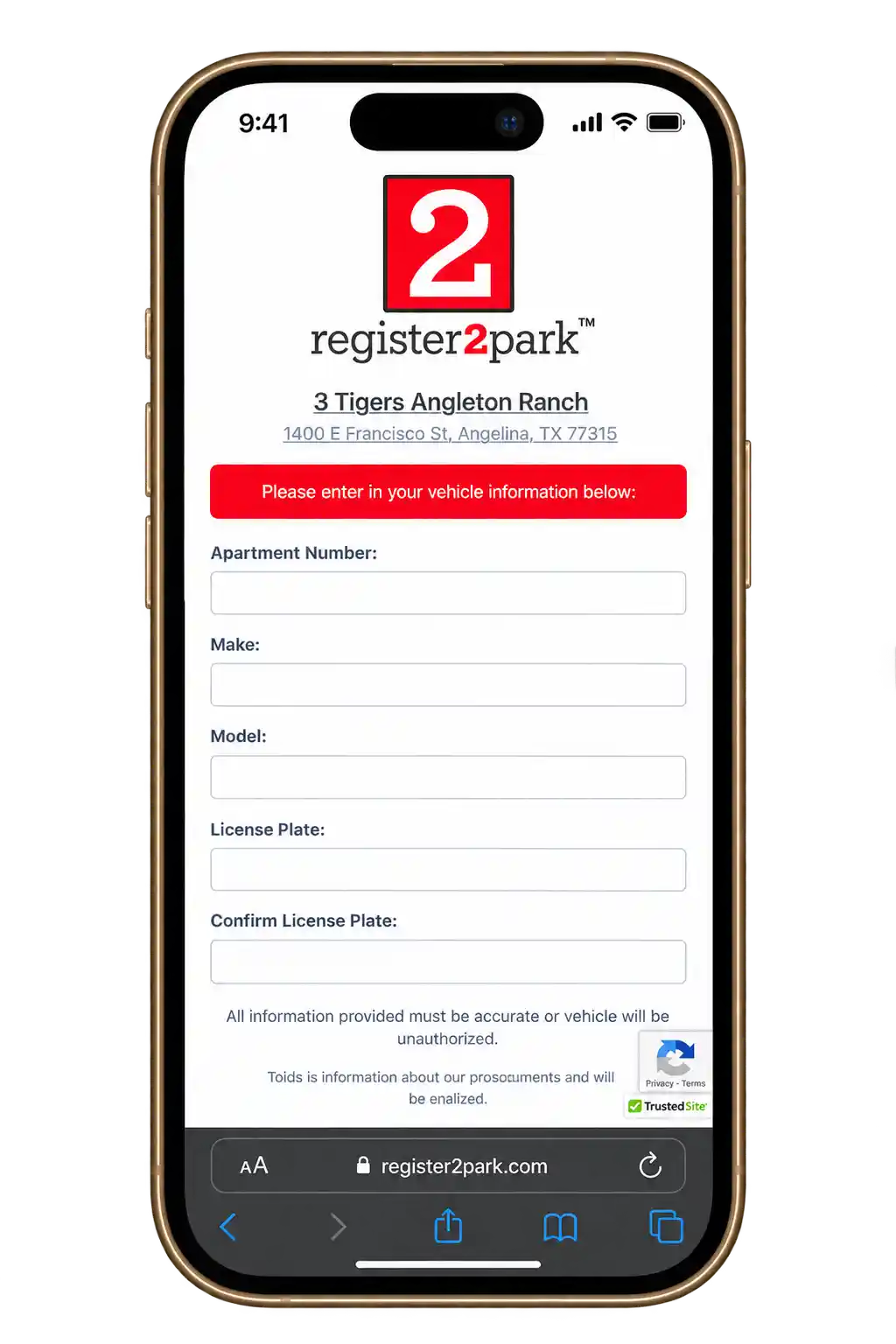 R2Park vehicle details form with license plate, make, and model fields
