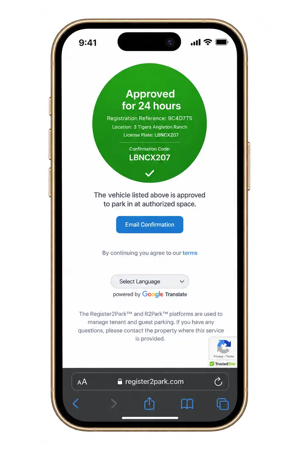 R2Park registration confirmation screen after completing vehicle registration
